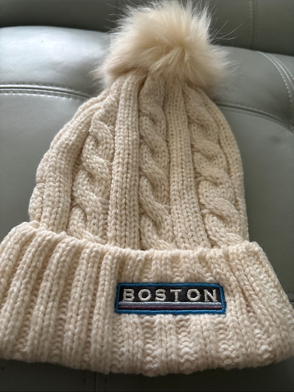 Blue 84 Cream Cable Knit Kids Pom Beanie with Boston Patch